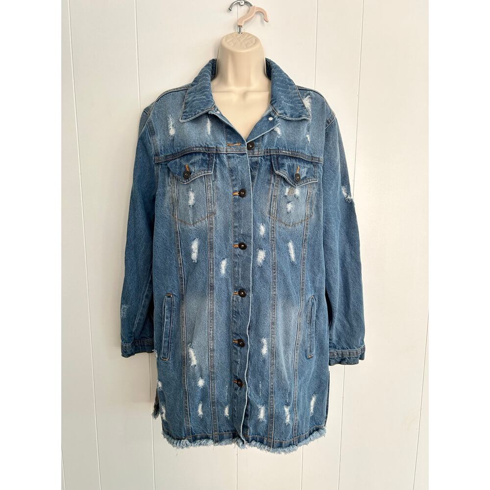 Long Denim Jacket, Distressed Women's Medium XC